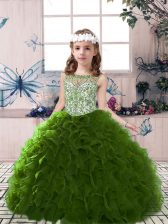  Olive Green Lace Up Little Girls Pageant Dress Wholesale Beading and Ruffles Sleeveless Floor Length