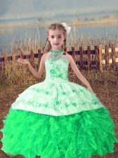 Elegant Halter Top Sleeveless Lace Up Little Girl Pageant Dress Green Organza