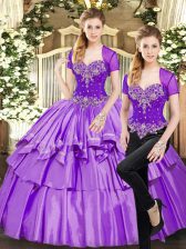  Lavender Sweet 16 Quinceanera Dress Military Ball and Sweet 16 and Quinceanera with Beading and Ruffled Layers Sweetheart Sleeveless Lace Up