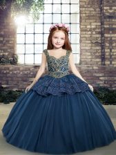  Floor Length Navy Blue Little Girls Pageant Dress Wholesale Straps Sleeveless Lace Up