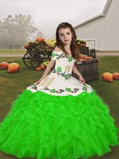  Green Ball Gowns Embroidery and Ruffles Little Girls Pageant Dress Wholesale Lace Up Organza Sleeveless Floor Length