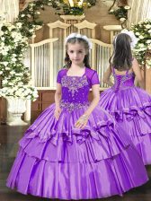 Classical Lavender Taffeta Lace Up Little Girls Pageant Dress Sleeveless Floor Length Beading and Ruffled Layers