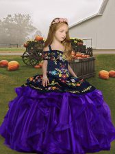 Fancy Sleeveless Organza Floor Length Lace Up Little Girl Pageant Dress in Purple with Embroidery and Ruffles
