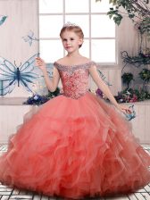 Customized Peach Ball Gowns Beading and Ruffles Child Pageant Dress Lace Up Tulle Sleeveless Floor Length