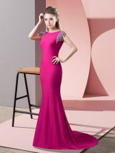  Mermaid Short Sleeves Hot Pink Prom Party Dress Brush Train Backless