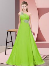  Sleeveless Beading Lace Up Prom Dresses with Yellow Green Brush Train
