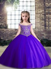  Floor Length Lace Up Kids Formal Wear Purple for Party and Wedding Party with Beading
