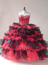  Sweetheart Sleeveless Organza Ball Gown Prom Dress Beading and Ruffled Layers Lace Up
