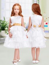 Stunning White Zipper Flower Girl Dresses for Less Ruffled Layers and Bowknot Sleeveless Knee Length