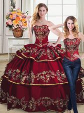 Amazing Sleeveless Embroidery and Ruffled Layers Lace Up Ball Gown Prom Dress with Wine Red