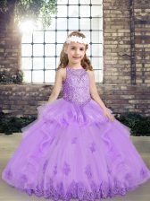 High Class Lavender Lace Up Scoop Lace and Appliques Child Pageant Dress Tulle Sleeveless