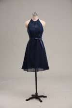 Attractive Mini Length Navy Blue Prom Gown Scoop Sleeveless Backless