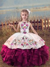 Elegant Floor Length Fuchsia Kids Pageant Dress Scoop Sleeveless Lace Up
