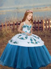 Lovely Blue Organza Lace Up Kids Formal Wear Sleeveless Floor Length Embroidery