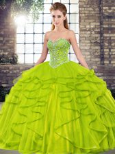 Colorful Olive Green Lace Up Quinceanera Gown Beading and Ruffles Sleeveless Floor Length