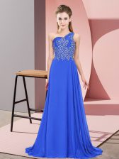  Blue Side Zipper Prom Evening Gown Beading Sleeveless Floor Length
