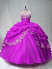  Fuchsia Ball Gowns Sweetheart Sleeveless Organza Floor Length Lace Up Beading and Appliques Quince Ball Gowns