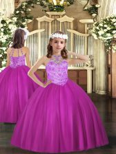  Fuchsia Tulle Lace Up Little Girl Pageant Gowns Sleeveless Floor Length Beading
