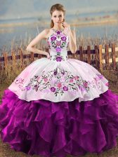 Shining White And Purple Ball Gowns Halter Top Sleeveless Organza Floor Length Lace Up Embroidery and Ruffles Sweet 16 Quinceanera Dress