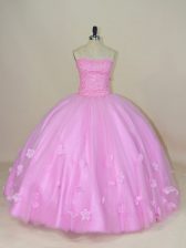 Edgy Beading and Hand Made Flower Quinceanera Dresses Lilac Lace Up Sleeveless Floor Length