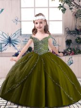  Olive Green Sleeveless Beading Floor Length Little Girls Pageant Gowns