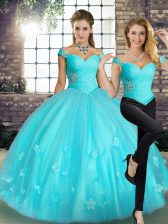 Popular Aqua Blue Sleeveless Floor Length Beading and Appliques Lace Up Quinceanera Dress