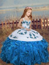  Floor Length Blue Kids Pageant Dress Chiffon Sleeveless Embroidery and Ruffles