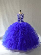 Luxurious Royal Blue Lace Up Scoop Beading and Ruffles Vestidos de Quinceanera Tulle Sleeveless