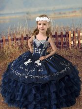  Sleeveless Floor Length Embroidery and Ruffled Layers Lace Up Kids Pageant Dress with Navy Blue