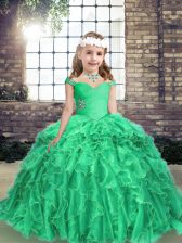  Turquoise Organza Lace Up Little Girls Pageant Dress Wholesale Long Sleeves Floor Length Beading and Ruffles