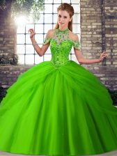 Custom Designed Sleeveless Tulle Brush Train Lace Up Sweet 16 Dresses in with Beading and Pick Ups