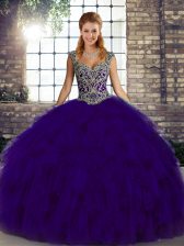 Modest Purple Straps Neckline Beading and Ruffles Quinceanera Dress Sleeveless Lace Up
