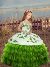  Green Straps Neckline Embroidery and Ruffled Layers Glitz Pageant Dress Sleeveless Lace Up