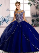 Adorable Royal Blue Sweetheart Neckline Beading 15th Birthday Dress Cap Sleeves Lace Up