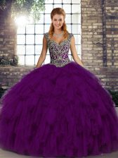 Stunning Purple Sleeveless Beading and Ruffles Floor Length Ball Gown Prom Dress