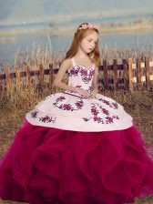  Fuchsia Mermaid Straps Sleeveless Floor Length Lace Up Embroidery and Ruffles Girls Pageant Dresses