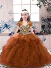 Discount Rust Red Tulle Lace Up Straps Sleeveless Floor Length Pageant Dress for Teens Beading and Ruffles