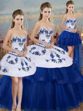 Clearance Sweetheart Sleeveless 15th Birthday Dress Floor Length Embroidery and Bowknot Royal Blue Tulle