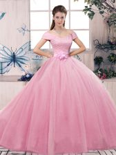 Flare Floor Length Rose Pink Quinceanera Gown Tulle Short Sleeves Lace and Hand Made Flower