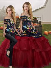 Dazzling Wine Red Lace Up Sweet 16 Dresses Embroidery and Ruffled Layers Sleeveless Brush Train