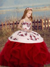 Fancy Wine Red Lace Up Straps Sleeveless Floor Length Girls Pageant Dresses Embroidery and Ruffles