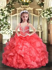 Excellent Coral Red Lace Up Kids Formal Wear Beading and Ruffles Sleeveless Floor Length