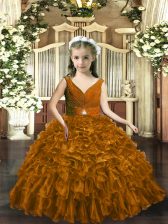 Custom Made Brown Sleeveless Floor Length Beading and Ruffles Backless Pageant Gowns For Girls