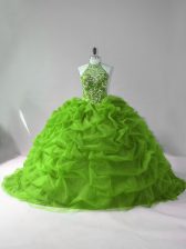 Great Green Quince Ball Gowns Organza Court Train Sleeveless Beading and Pick Ups