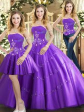 Affordable Ball Gowns Quince Ball Gowns Purple Strapless Tulle Sleeveless Floor Length Lace Up