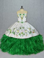 Custom Design Green Organza Lace Up Quinceanera Dresses Sleeveless Floor Length Embroidery and Ruffles