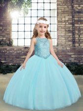 Affordable Sleeveless Lace Up Floor Length Beading and Appliques Little Girls Pageant Gowns
