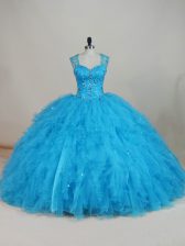 Trendy Tulle Straps Sleeveless Zipper Beading and Ruffles Quinceanera Gowns in Baby Blue
