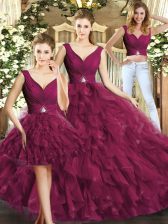 Glorious Burgundy Sleeveless Beading and Ruffles Floor Length Quinceanera Dress