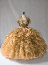 Chic Brown Ball Gowns Strapless Sleeveless Organza Floor Length Lace Up Beading and Ruffles Ball Gown Prom Dress